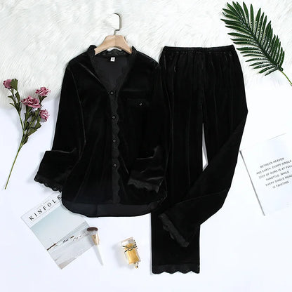 2PCS Velvet Pajamas Set For Women Winter Warm Pajama Sexy Female Valor V-neck Lace Home wear Autumn New Long Pant Pijamas Suit