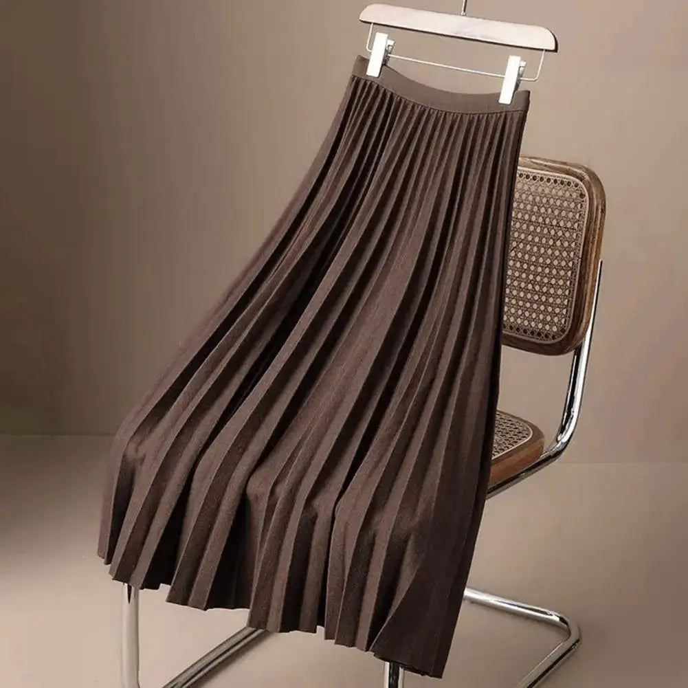 High Waist Pleated Skirt Elegant Women's Maxi Skirt with Elastic High Waist A-line Design Pleated Large Hem Solid Color for Work