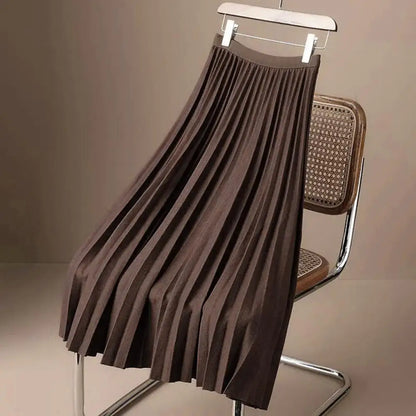 High Waist Pleated Skirt Elegant Women's Maxi Skirt with Elastic High Waist A-line Design Pleated Large Hem Solid Color for Work