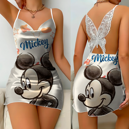 Mini Dress Pajama Skirt Bow Knot Party Dresses Satin Surface Minnie Mouse Disney Mickey Women's Fashion Summer 2025 Elegant Women