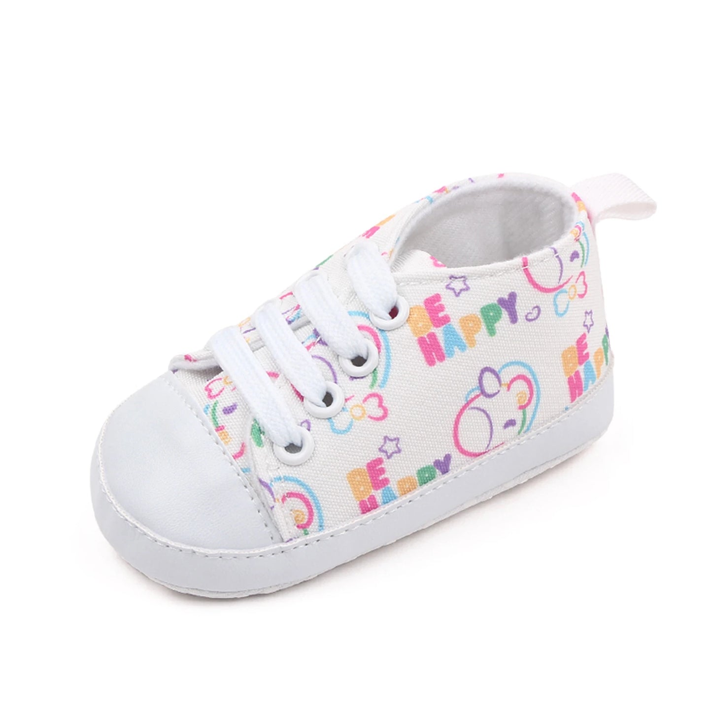 BeQeuewll Baby Boys Girls Crib Shoes Cartoon Print Tie-Up Sneakers Non-Slip Infant First Walkers For 0-18 Months
