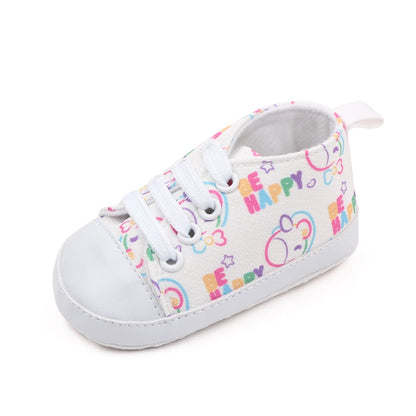 BeQeuewll Baby Boys Girls Crib Shoes Cartoon Print Tie-Up Sneakers Non-Slip Infant First Walkers For 0-18 Months