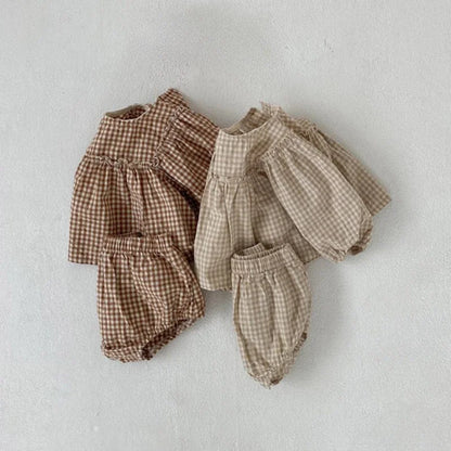 Infant Toddler Baby Girls Set 100% Cotton Plaid Blouse and PP Shorts Sets for Kids Infant Outfits