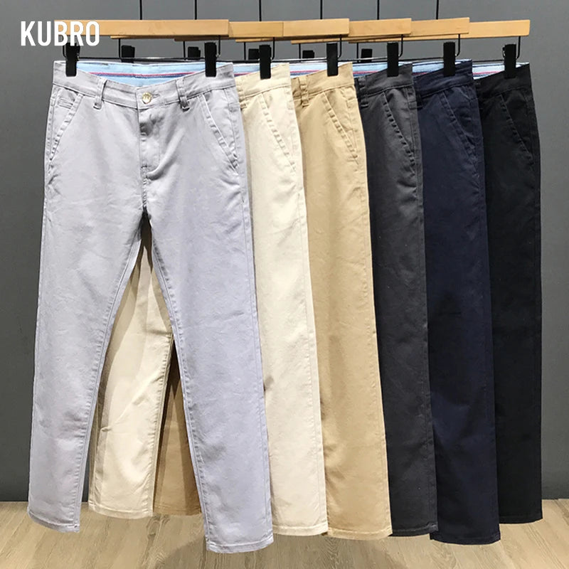 KUBRO Korean Style Cotton Soft Elastic Slim Straight Trousers Summer Thin Office Fashion Versatile Men's Business Casual Pants