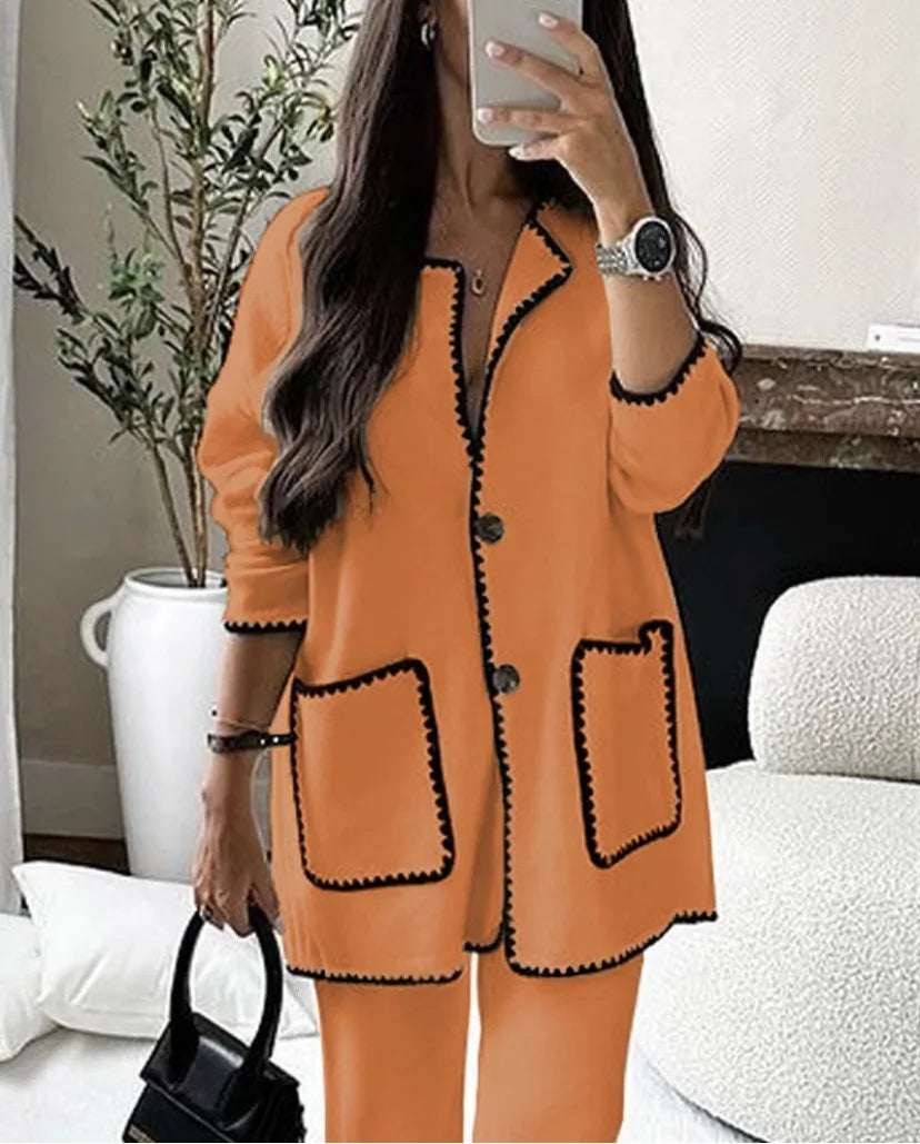 Loose Casual Women's Suit Autumn Double Pocket Single Breasted Cardigan New Fashion Casual Loose Solid Color Two-piece Set