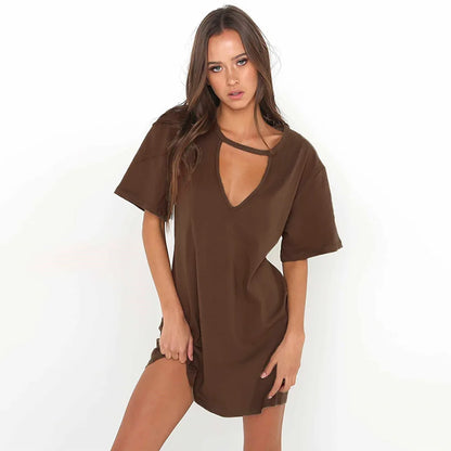 Deep V Neck Sexy Summer Dress Women Solid Color Hanging neck hollow White Mini Dress Pleated Party Dress
