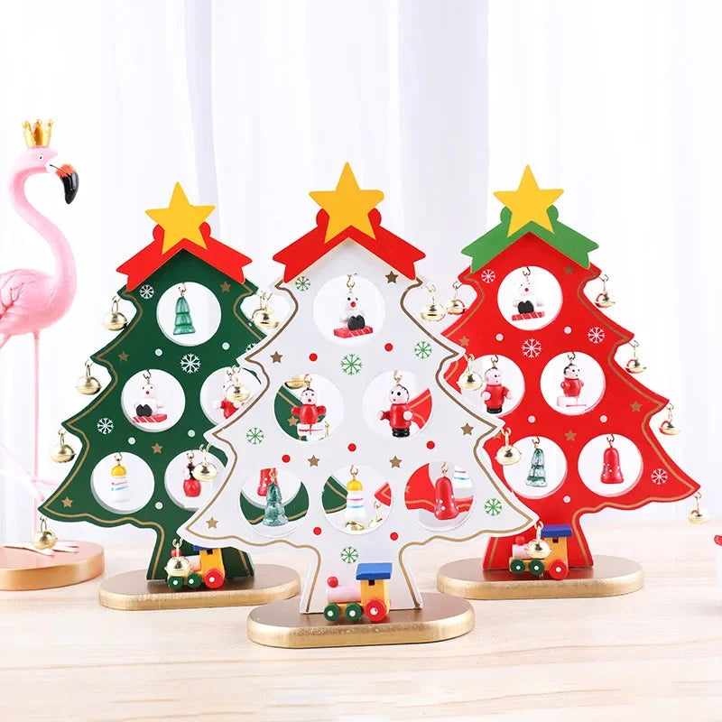 Holiday Tabletop Décor Carved Wood Xmas Tree 6 Hole Centerpiece for Mantel Scene Christmas Village Diorama Craft Ornament
