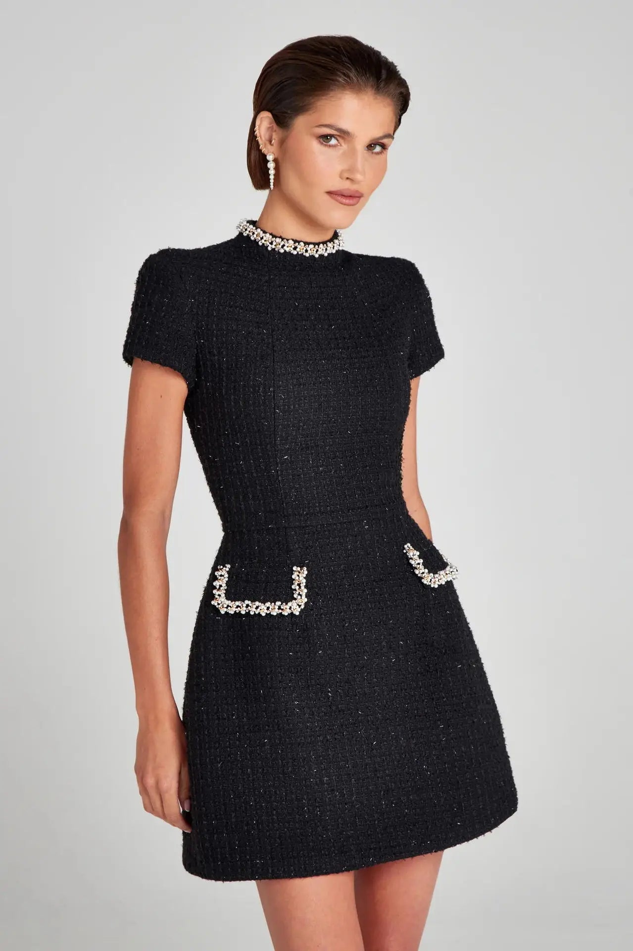 Tosssy Shiny Elegant Female MIni Dress Pocket Short Sleeve Patchwork Fashion Slim Party Dress Gown Women's Glitter Vntage Dress