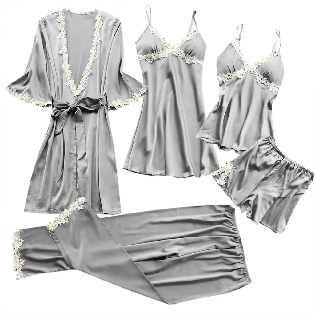 2025 Five-Piece Pajamas Women's Summer Half Sleeve Bridal Gown Plus Size Home wear Nightgown Bathrobe European and American