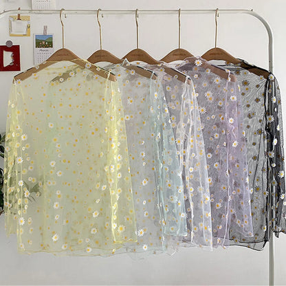 Women Daisy Flower Print Mesh Tops Long Sleeve Sheer Transparent Fishnet T Shirt Fashion Summer Sunscreen Tee 2026