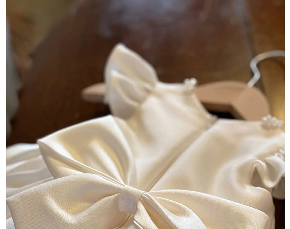 HETISO Baby Dresses for Wedding Pearl Necklace Girl Kid's Dress White Toddler Clothes Elegant Birthday Gown 1-8 Years