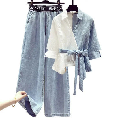 2026 Summer New Stitched Chiffon Shirt Female Set Elegant Women's Jeans Casual Blouse Two Piece Set Ladies Tracksuits