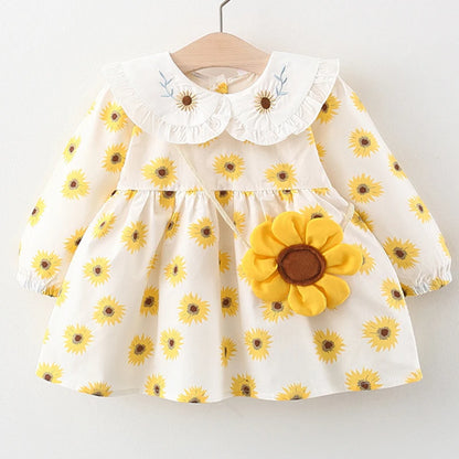 2Piece Spring Fall Toddler Girl Clothes Set Korean Cute Doll Collar Long Sleeve Print Flowers Dress+ Bag Newborn Baby Dresses 074