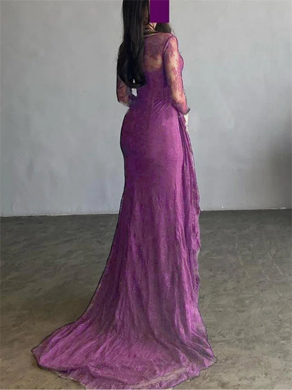 2026 Women's Ruffled Lace Evening Dress Solid Color Square Neck Long Sleeve Skinny Maxi Dress Wrap Hip Party Gowns