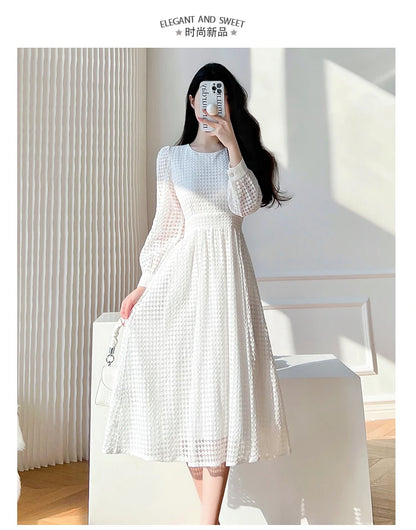 Lace Long Sleeves White Midi Dresses for Women 2026 New Autumn French Elegant Fashion Evening Wedding Party Robe Female Clothing