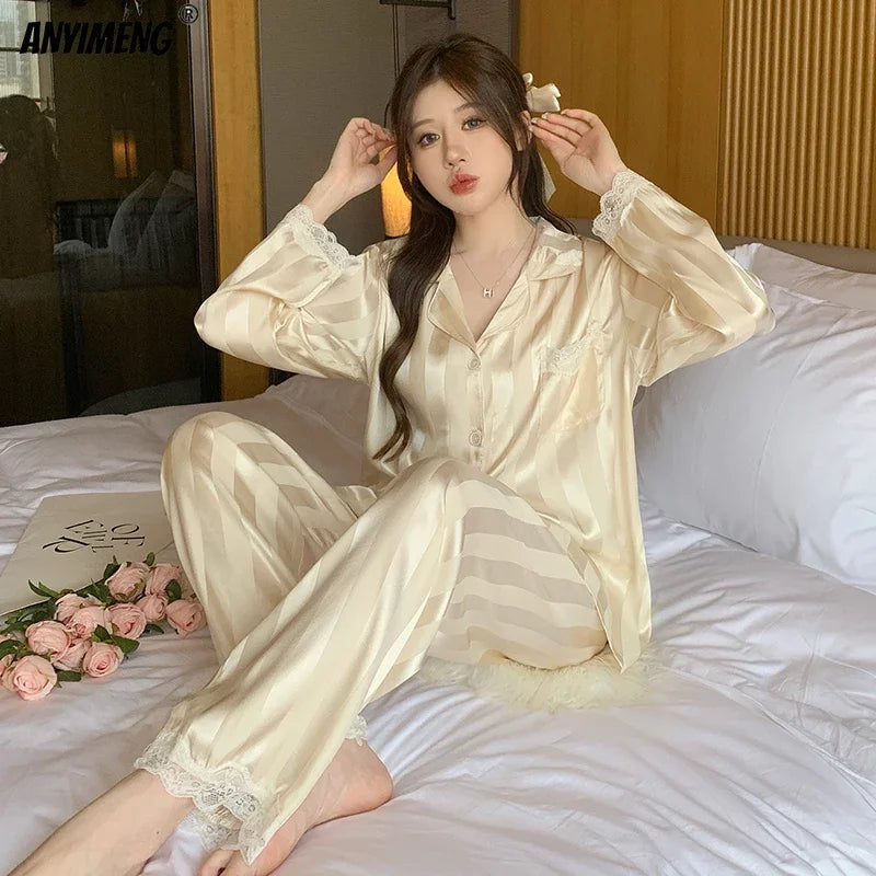 Women Casual Luxury Pajamas Thin Pajamas Female Sleepwear New Elegant Ladies Faux Silk Polyester Dots Pajama Sets Sexy Home wear