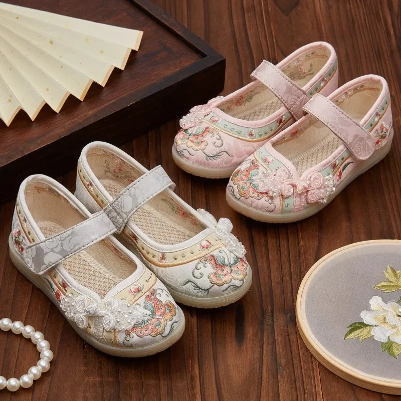 Kids Hanfu Shoes Sweet Embroidery Flower Girl Princess Shoes Fashion Chinese Ancient Style Children's Causal Flat Cloth Shoes