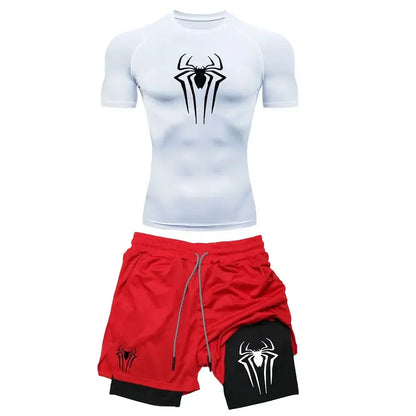 Men's Workout Compression Set Y2K Spider Printed Gym T-shirts Breathable Running Shorts Quick Dry Sports Rash Guard Sportwear Set