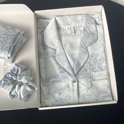 2026 Autumn New Ice Silk Women Pajama Lapel Button Cardigan Outfits for Women 2 Piece Set Fashion Printing Set Clothes for Women