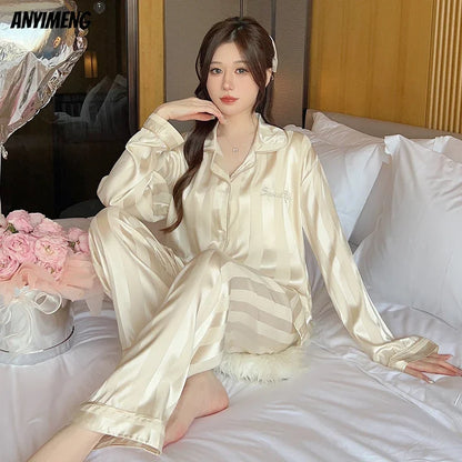 Women Casual Luxury Pajamas Thin Pajamas Female Sleepwear New Elegant Ladies Faux Silk Polyester Dots Pajama Sets Sexy Home wear