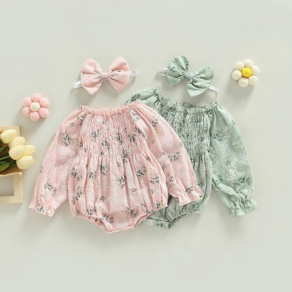 Tregren Infant Baby Girls Valentine's Day Romper Heart Print Long Sleeve Boat Neck Jumpsuits Spring Fall Bodysuits with Headband