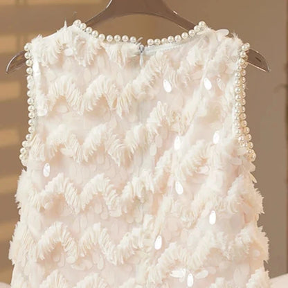 2025 Girls New High-end Dress Costumes Formal Clothes Beige Summer Matching Clothes White Short Sleeves Princess Party Wedding