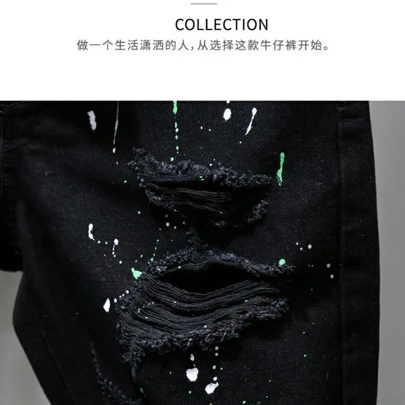 Fashion Summer New Casual Denim Jeans Knee Length Shorts for Men Black Cowboy Low Rise Ripped Holes Boyfriend Men's Denim Shorts