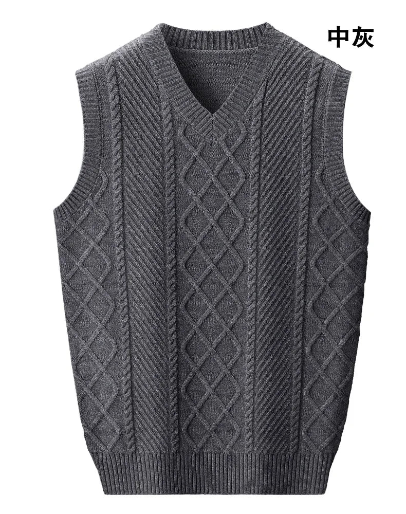 Stylish V-neck Jacquard Knit Sleeveless Sweater Vest for Men Middle-aged Men Fashion Solid Color Warm Top