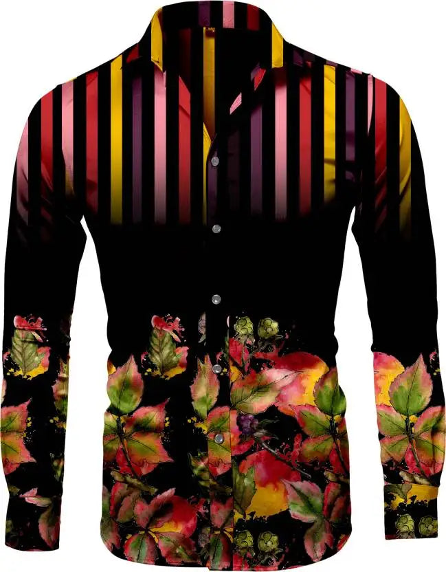 Fashion Irregular Plaid Flower Print Men's Long Sleeve Shirt Casual Party Street Hawaiian Polo Collar Shirt