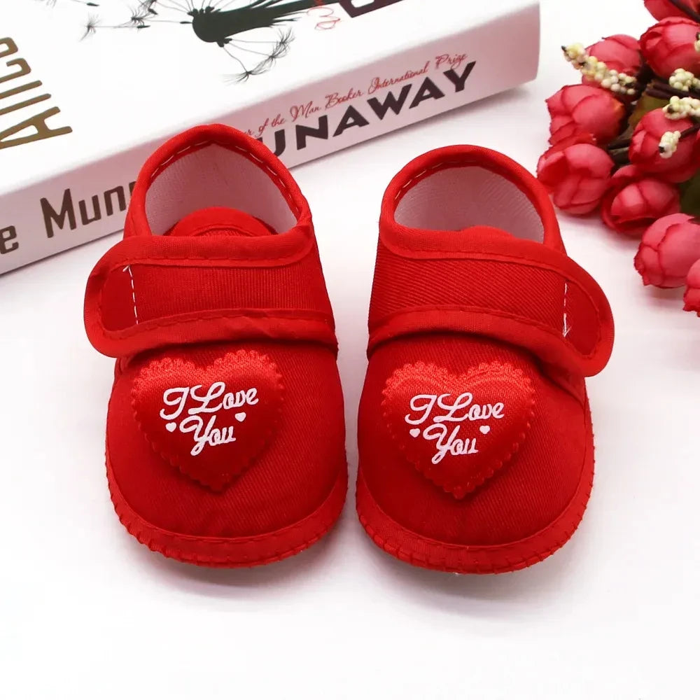 Infant Baby Girls Flats Letter Printing Love Pattern Soft Sole Non-slip Flower Princess Wedding Dress Walking Shoes for Newborn