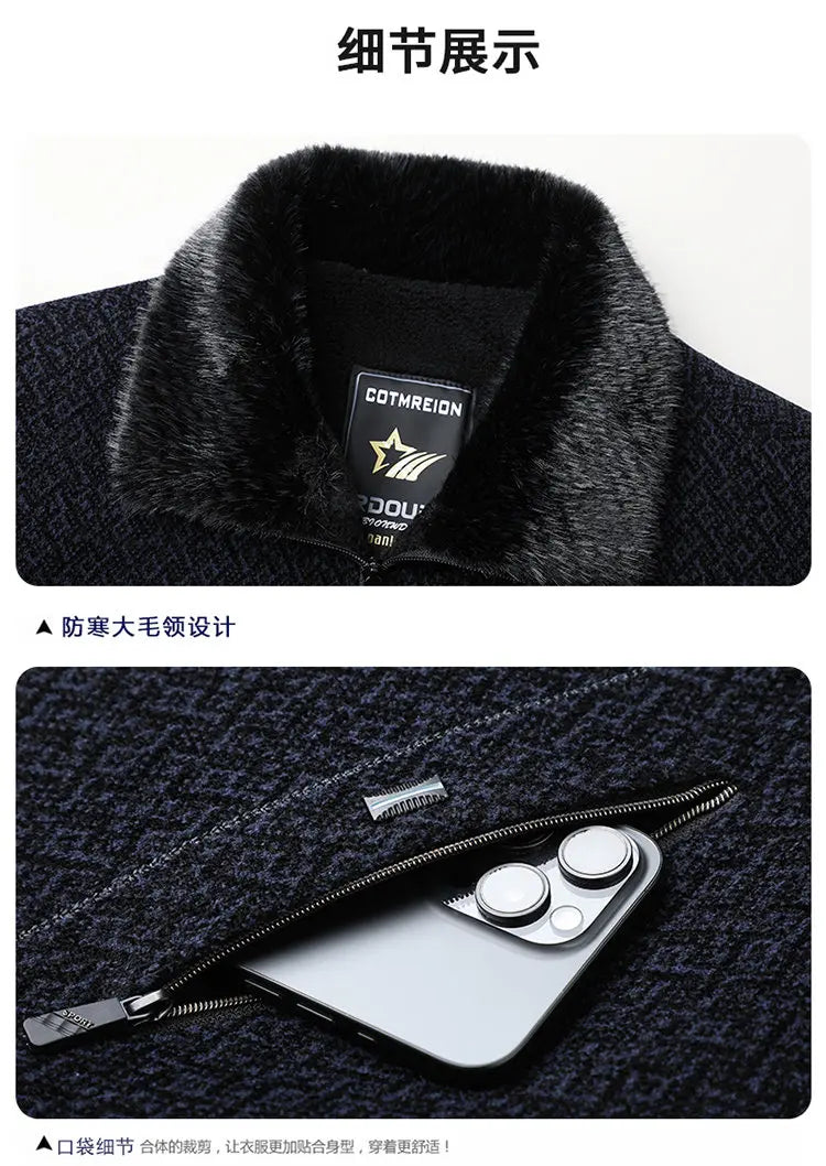 High Quality Winter Woolen Jacket for Men Versatile Brand Casual Business Cotton Trench Coat Add Velvet Keep Warm Overcoat Tops