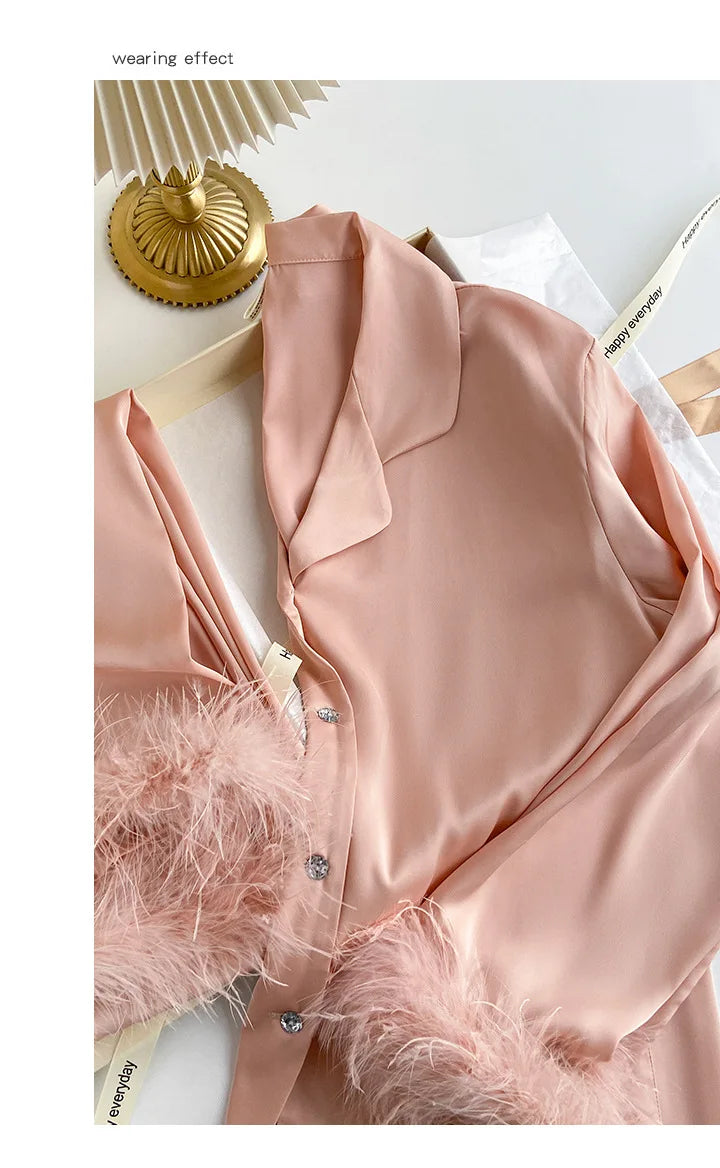 Spring Autumn Female Pajamas Trouser Set Luxury Feather Pink Bride Wedding Sleep wear Gift Sexy Loose Satin Home Wear Lounge wear