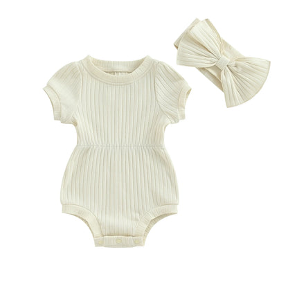 Newborn Baby Girl Clothes Solid Color Ribbed Knit Short Sleeve Romper Bodysuit Jumpsuit with Headband Summer Outfit