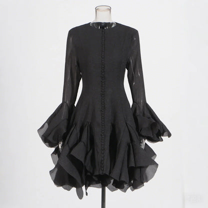 VGH Elegant Spliced Ruffles Midi Dresses for Women O Neck Petal Sleeve High Waist Slim Patchwork Buttons Solid Dress Female New