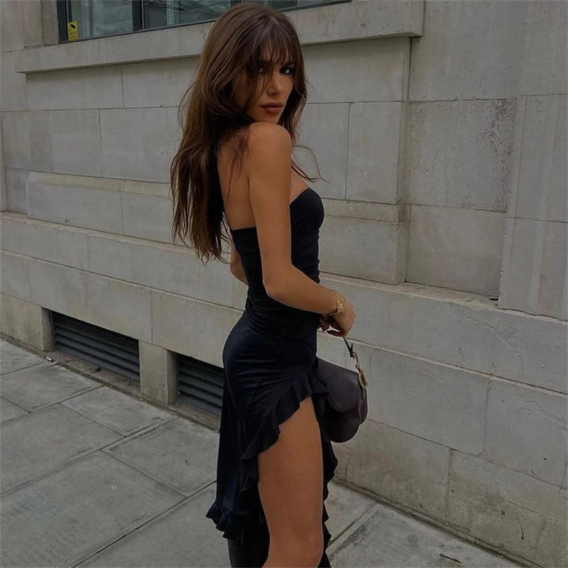 Elegant Strapless Sexy Maxi Dress Women's Irregular Tassel 2025 Summer Trend Skinny Split Bodycon Birthday Party Clubwear Dress