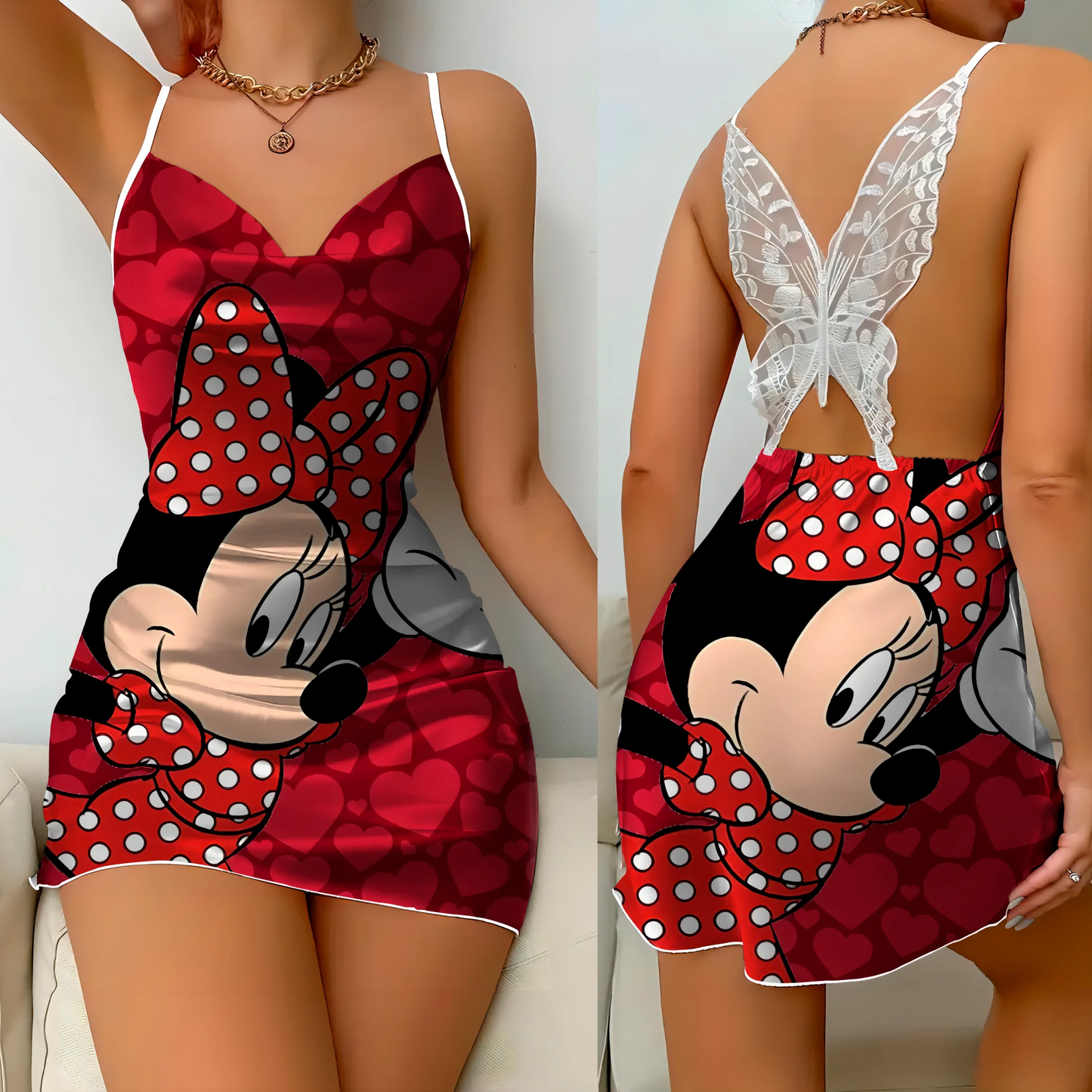 Mini Dress Pajama Skirt Bow Knot Party Dresses Satin Surface Minnie Mouse Disney Mickey Women's Fashion Summer 2025 Elegant Women