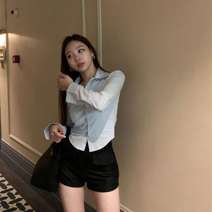 Korean White Office Women Chiffon Shirt Pocket Button Lapel Ladies Blouse Spring Commuter Long Sleeve New Female Crop Tops