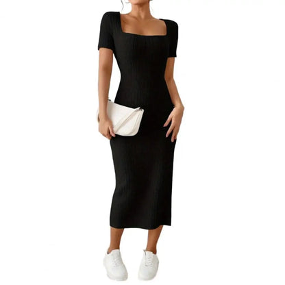 Solid Color Square Neckline Dress Elegant Square Neck Knitted Midi Dress for Women Solid Color Party Commute Dress with Short