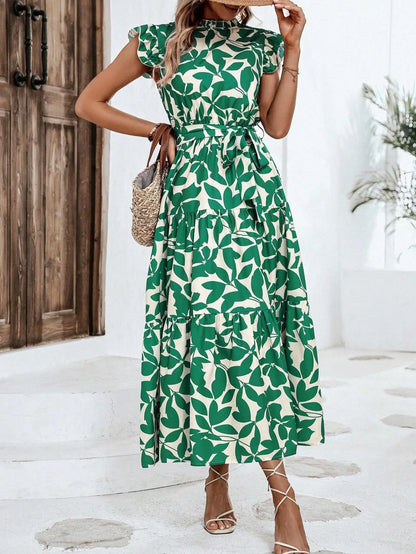 Elegant Women's Flower Midi Dress New Summer Fashion Stand Collar Flying Sleeve Lace Up Dress Casual Beach Holiday Dresses Robe