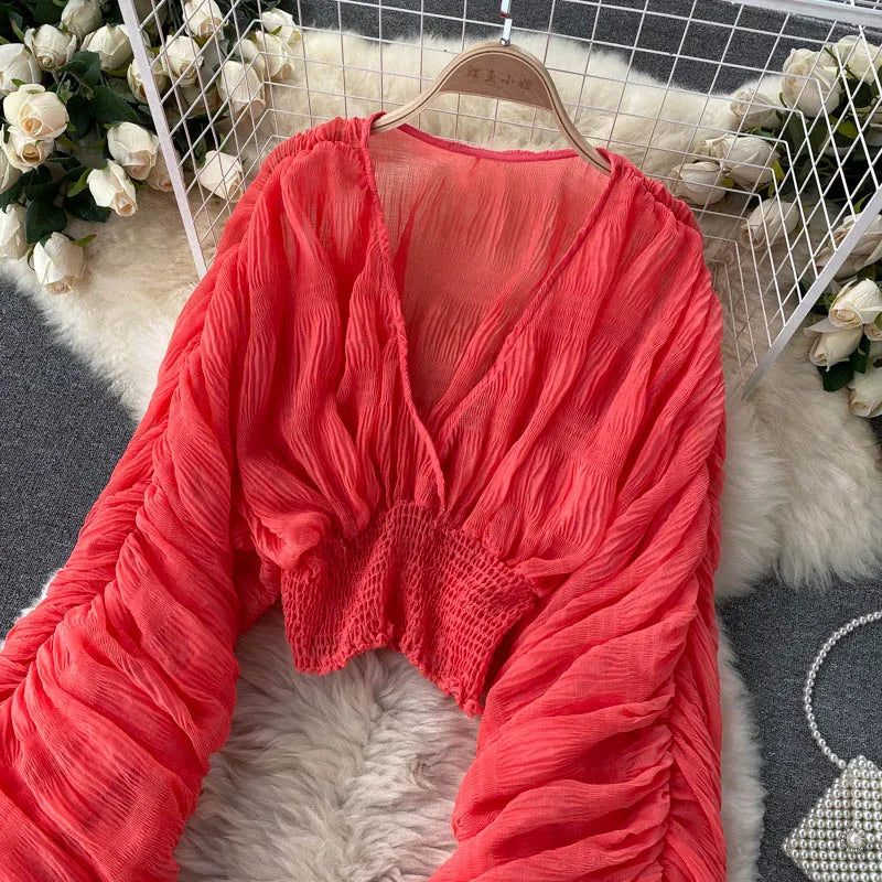 Women Sexy Chiffon Short Blouse Female See Through Super Long Sleeve Purple/Green/Black/White Folds Party Tops 2026 New