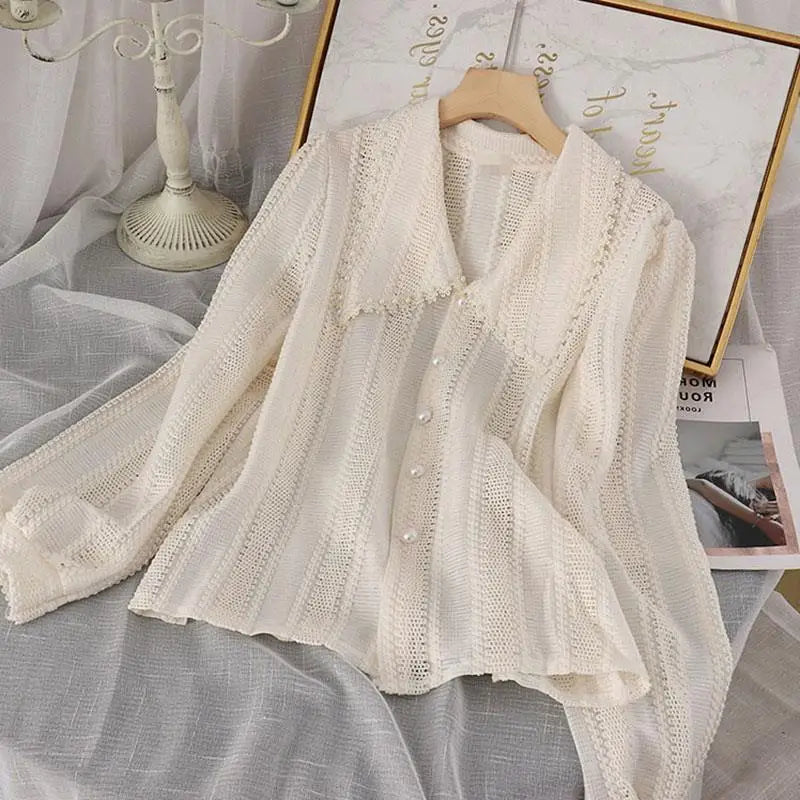 Shirts Women Peter Pan Collar Hollow Out Fashion Tender Sweet Solid Young French Style Elegant Ins Топ Женский New Arrival Chic
