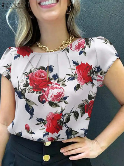 ZANZEA Summer Bohemian Short Sleeve Floral Printed Blouse Women Vintage Holiday Party Shirt Casual Beach Tops Tunic Bulses 2025