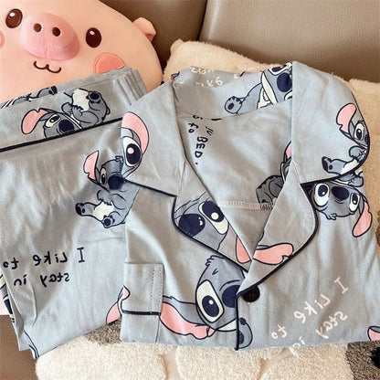 Cartoon Stitch Long Sleeved Sleepwear Pajama Sets Women's New Lazy Style Home Clothes Can Be Worn Outside Women's Pajamas Set