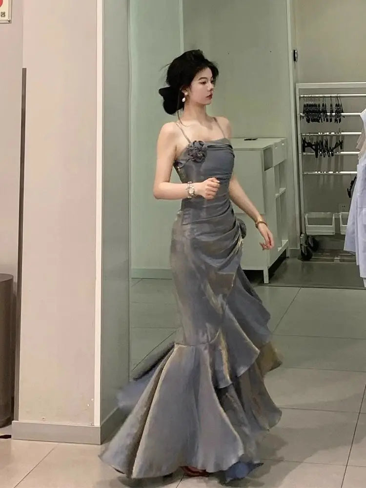 Korean Vintage Velvet Long Dress Women Luxury Slim Mermaid Spaghetti Strap Floral Dress Elegant Sexy Casual Evening Party Dress