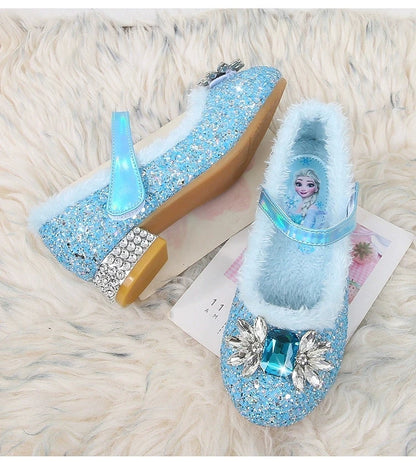 Disney Princess Crystal Girls Shoes Frozen Elsa Sophia Rhinestones Shoes Performance Party High Heels Pink Blue Shoes Size 23-36