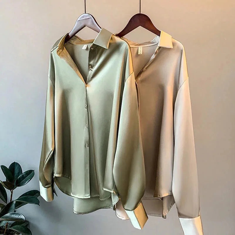 Spring Fashion Button Satin Silk Shirt Hong Kong Style Retro Shirt Women's White Top Women's Long sleeved Women's Loose Street