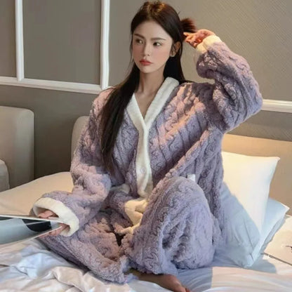 2pcs/Set Autumn And Winter Pajamas Women Thickened Padded Warm Students Coral Girls Clot Velvet Suit Home wear Cardigan Trousers
