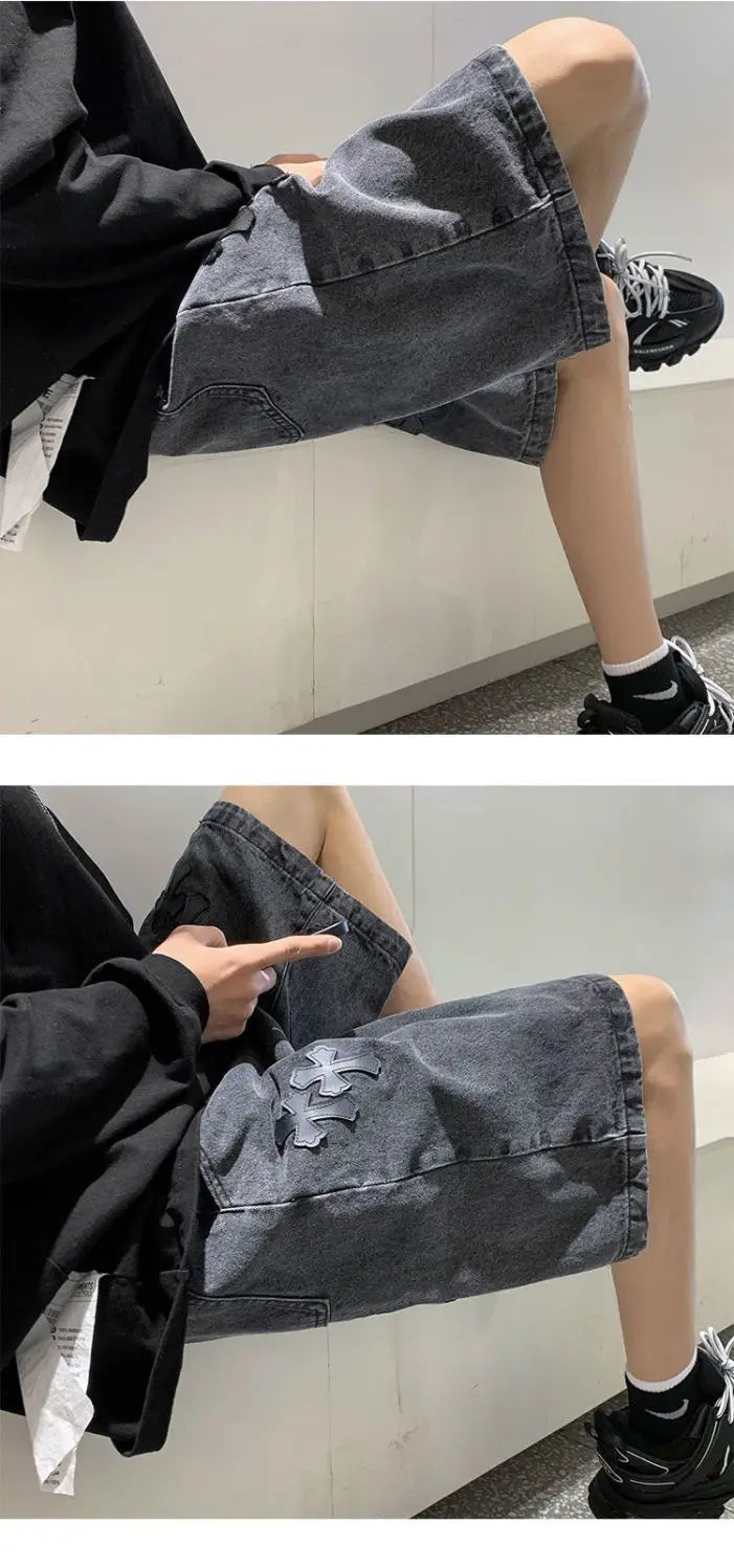 American cross-print denim shorts men's summer thin Hong Kong style loose trousers trendy brand retro casual mid-pants y2k tops
