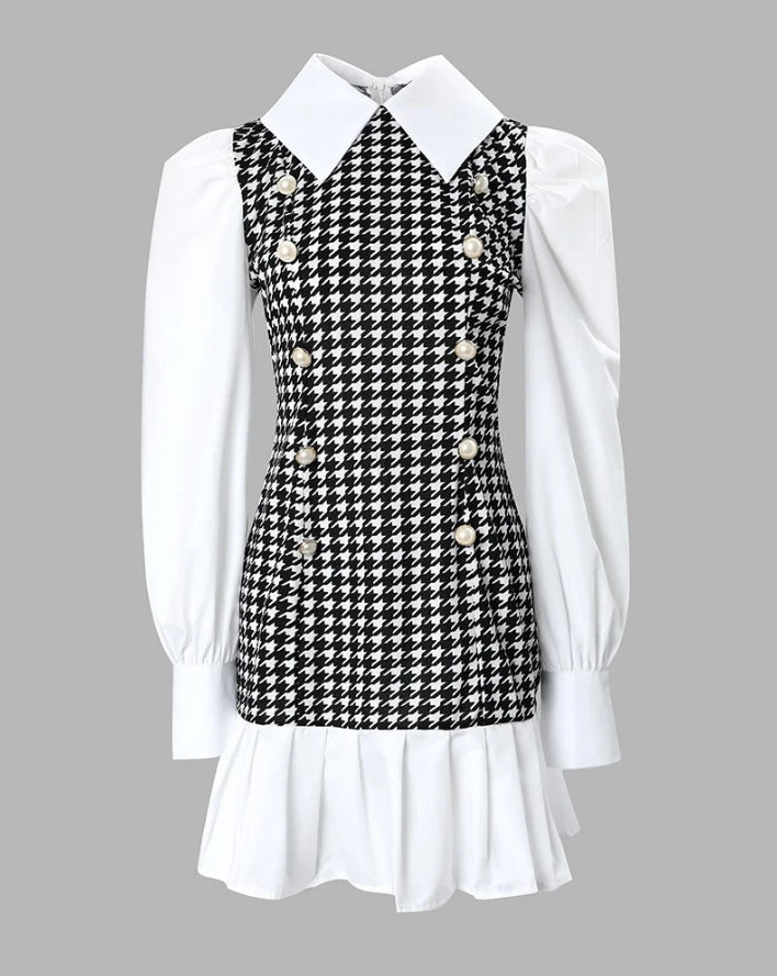 Women's Dresses 2026 Spring Fashion Houndstooth Button Decor Puff Sleeve Ruffle Hem Elegant Turn-Down Collar Daily A Line Dress