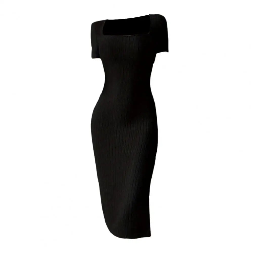 Women Summer Dress Split Hem Knitted Elastic Mid-calf Length Knitted Slit Dress Lady Party Commute Casual Ins Style Midi Dress